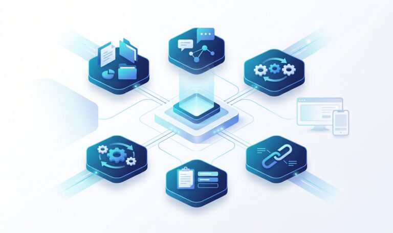 Abstrakte Darstellung einer flexiblen App-Plattform mit Modulen für Informationen, Kommunikation, Arbeitsabläufe und Systemintegration.
