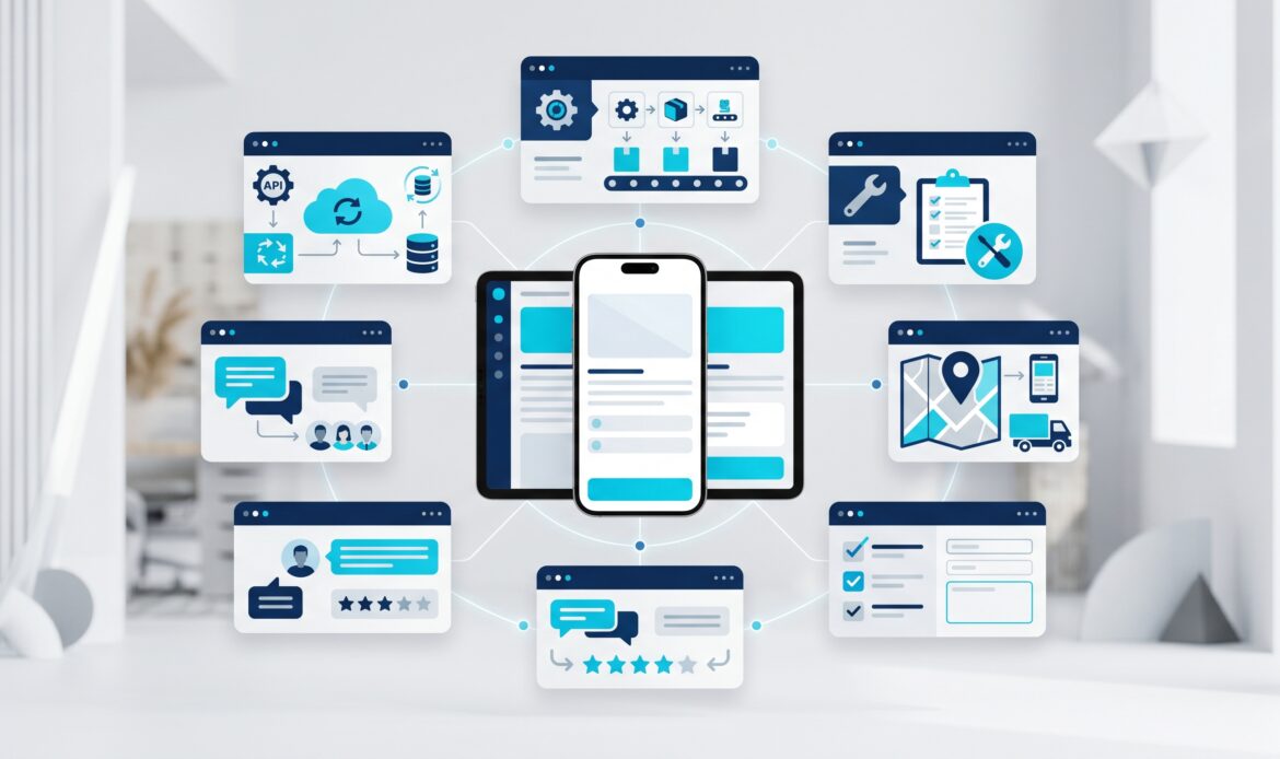 Abstrakte Darstellung einer Unternehmens-App mit verbundenen Modulen für mobile Arbeitsabläufe, Checklisten, Rückmeldungen und Kommunikation.