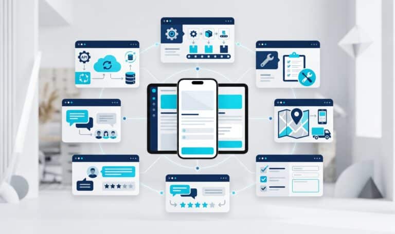 Abstrakte Darstellung einer Unternehmens-App mit verbundenen Modulen für mobile Arbeitsabläufe, Checklisten, Rückmeldungen und Kommunikation.