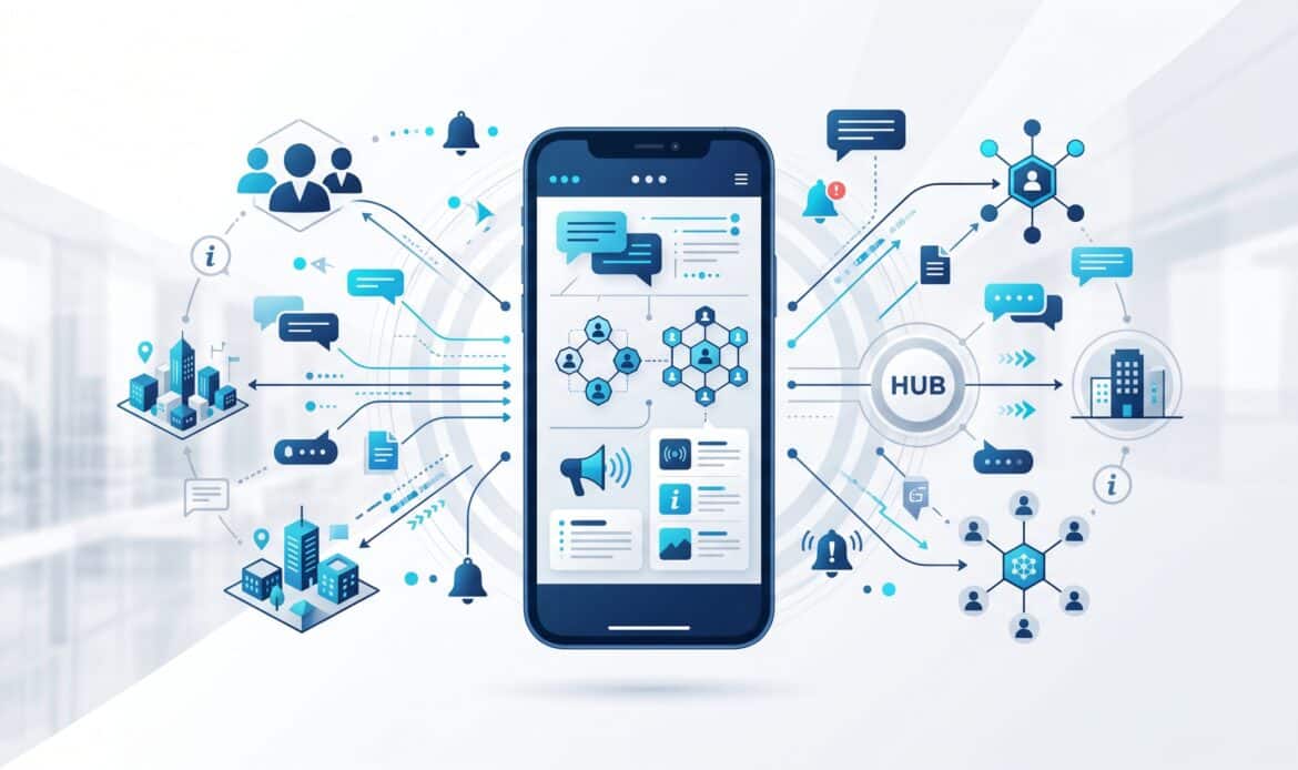Abstrakte Darstellung einer Unternehmens-App für Mitarbeiterkommunikation mit Modulen für Push-Nachrichten, Chat, Teams und aktuelle Informationen.