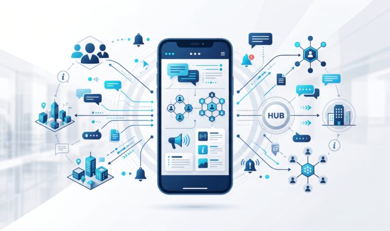Abstrakte Darstellung einer Unternehmens-App für Mitarbeiterkommunikation mit Modulen für Push-Nachrichten, Chat, Teams und aktuelle Informationen.