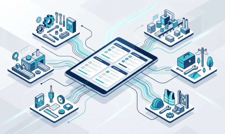 Abstrakte Darstellung einer App für digitale Checklisten, Wartung, Produktion, Service und strukturierte Rückmeldungen.
