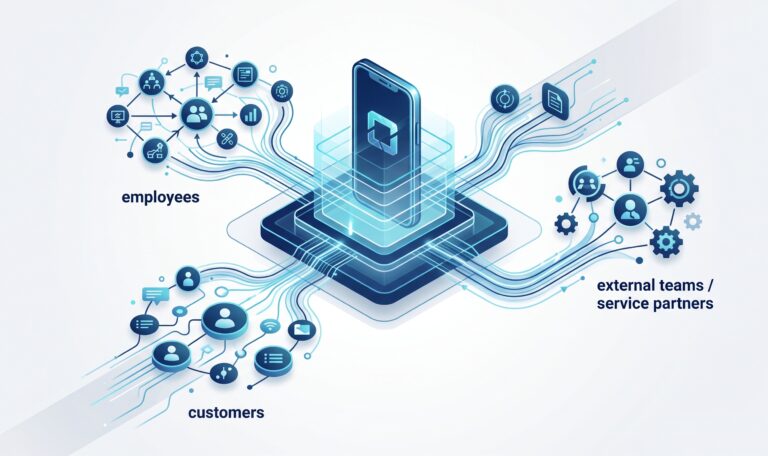 Abstrakte Darstellung einer flexiblen App-Plattform, die Mitarbeitende, externe Teams und Kunden mit Informationen, Kommunikation und Abläufen verbindet.