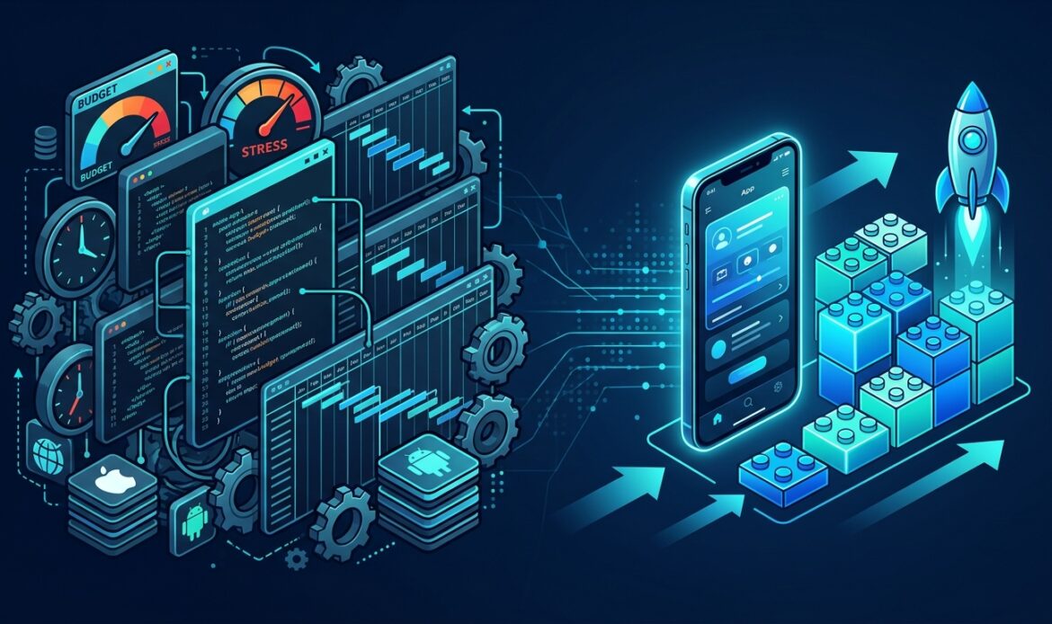 Abstrakte Gegenüberstellung eines großen nativen App-Entwicklungsprojekts und einer schlanken modularen App-Plattform als pragmatische Alternative.