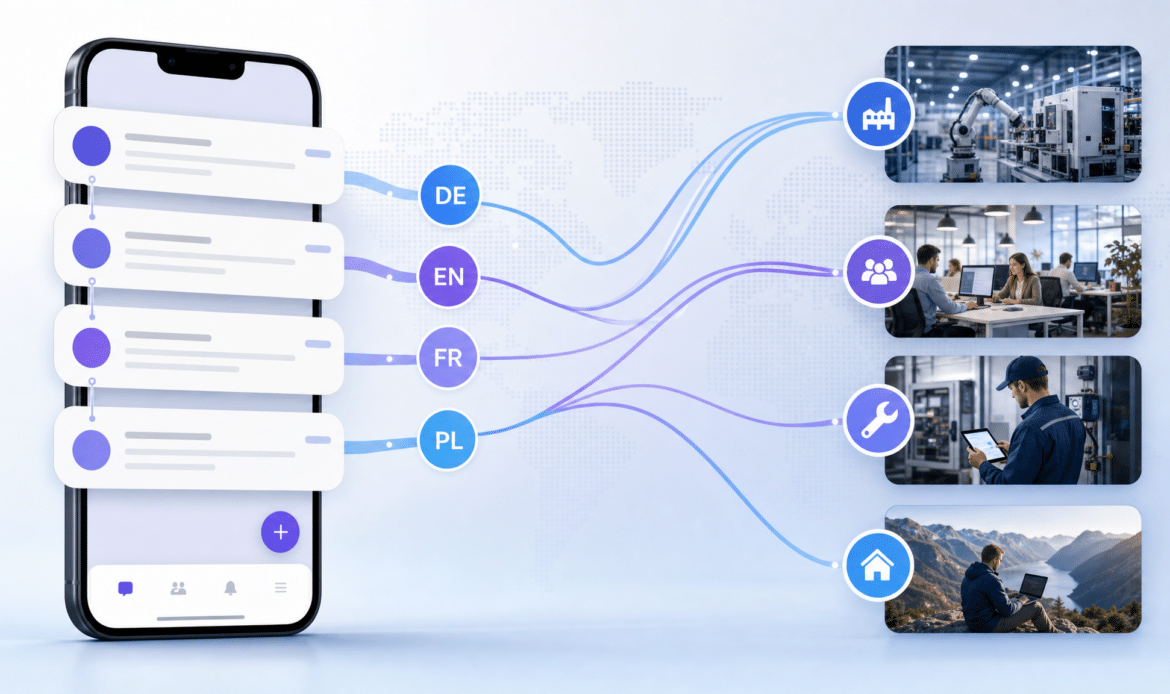 Hero-Bild: Mehrsprachige Unternehmenskommunikation über eine App für Teams, Standorte, Produktion und Service.