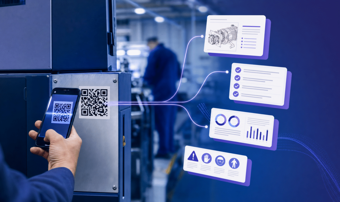 Hero-Bild: Smartphone scannt QR-Code an einer Maschine und öffnet digitale Informationen, Checklisten und Rückmeldungen.
