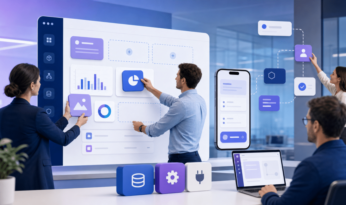 Hero-Bild: Modulare App-Bausteine, Smartphone und Web-Dashboard für schnelle No-Code-Digitalisierung im Mittelstand.
