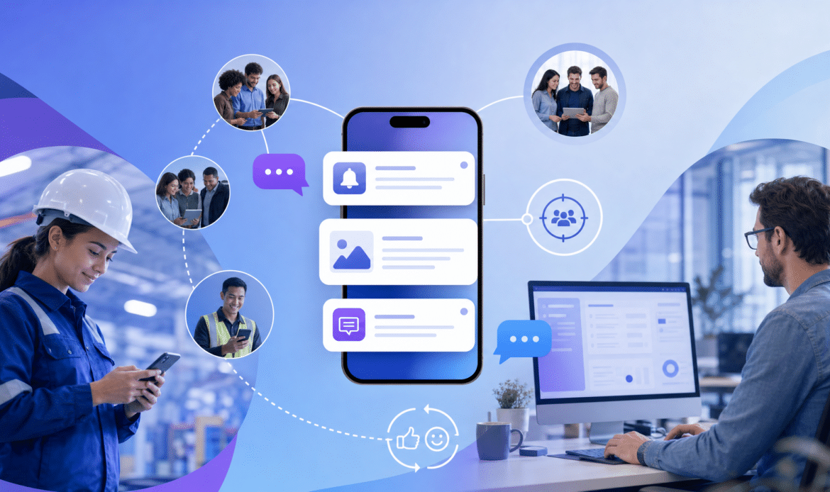 Hero-Bild: Smartphone mit Push-Nachrichten, Chat und zielgerichteter Kommunikation für Mitarbeitende im Unternehmen.