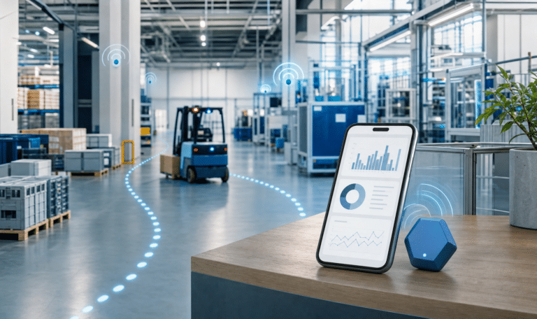 Beacon-Tracking visualisiert Laufwege und Flurförderfahrzeuge in Lager und Produktion für bessere Prozessanalyse.
