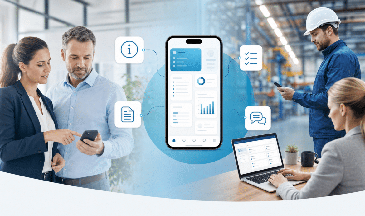 Unternehmens-App erstellen mit Blupassion: Smartphone-App mit Modulen für Informationen, Checklisten, Formulare und Kommunikation.