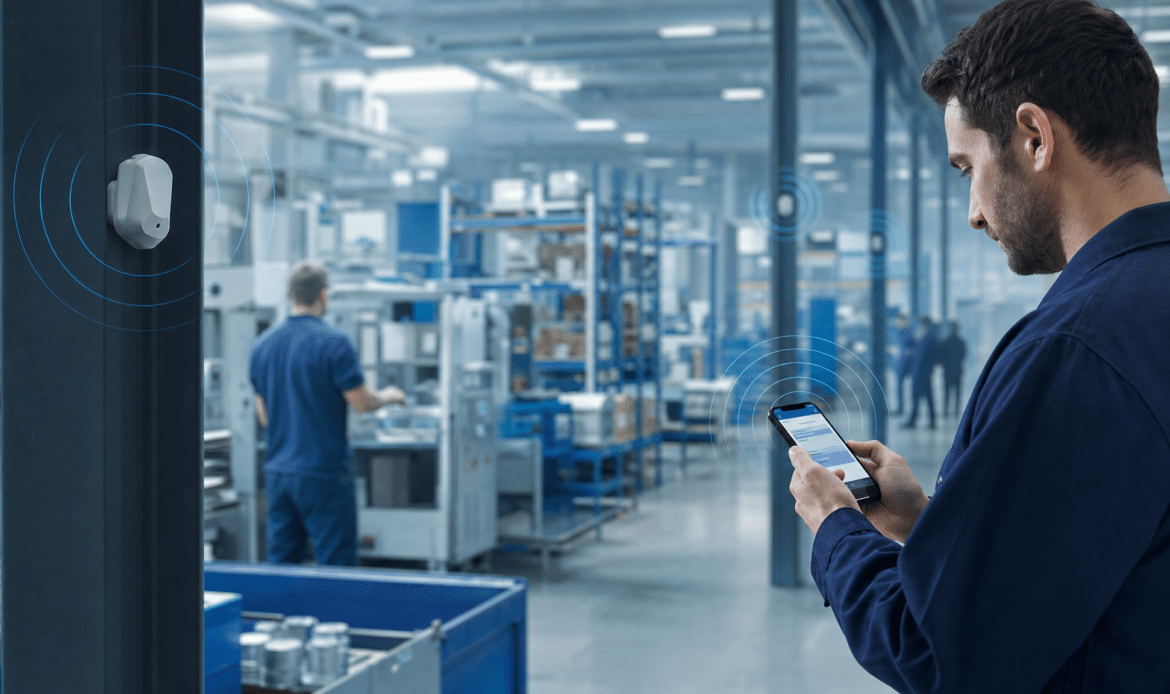 Beacons im Unternehmen lösen passende Informationen und Checklisten in einer Blupassion-App am richtigen Ort aus.