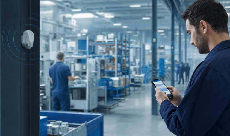 Beacons im Unternehmen lösen passende Informationen und Checklisten in einer Blupassion-App am richtigen Ort aus.