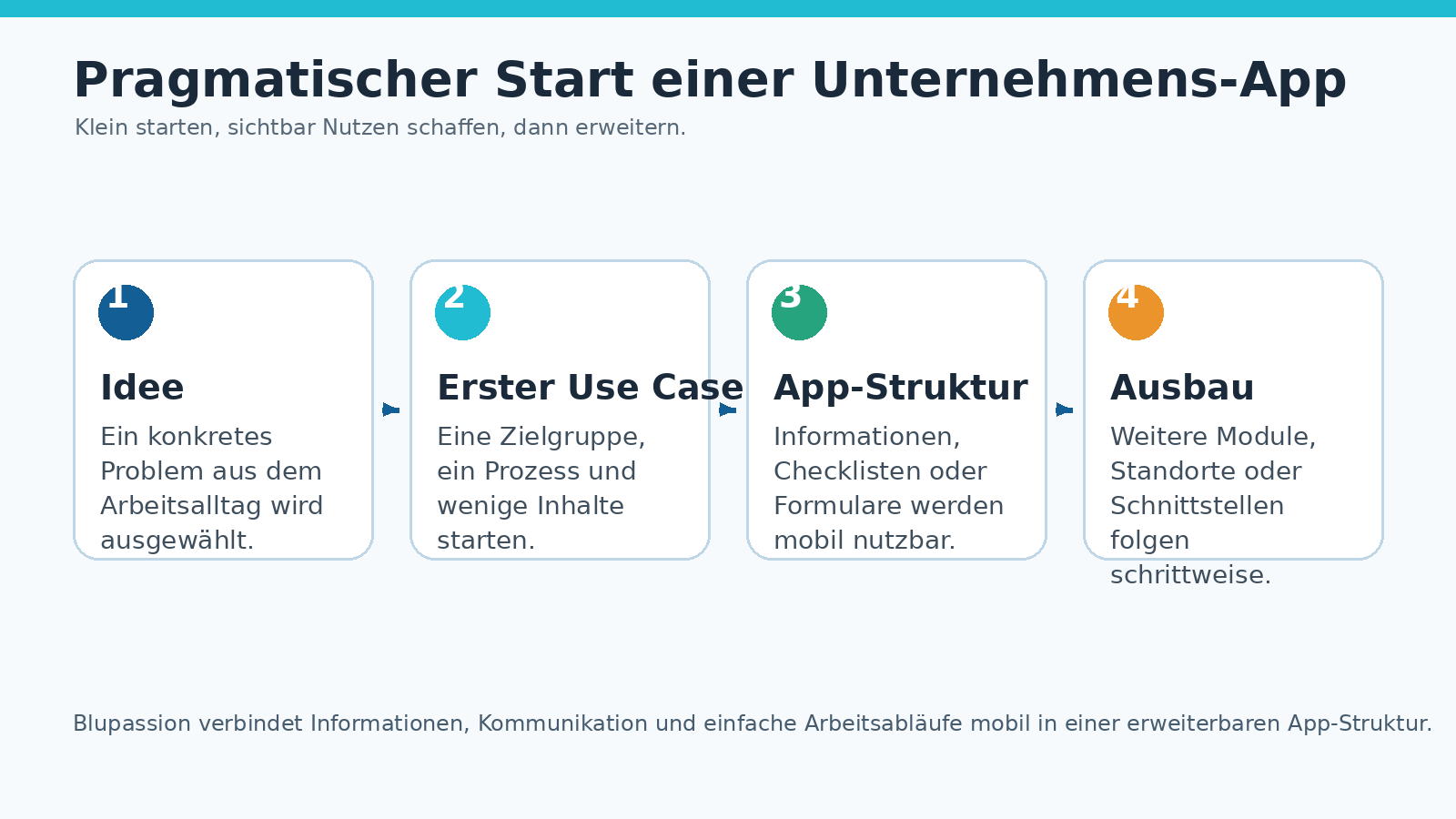 Schaubild: Von der Idee über den ersten Use Case zur App-Struktur und späteren Erweiterung mit Blupassion.