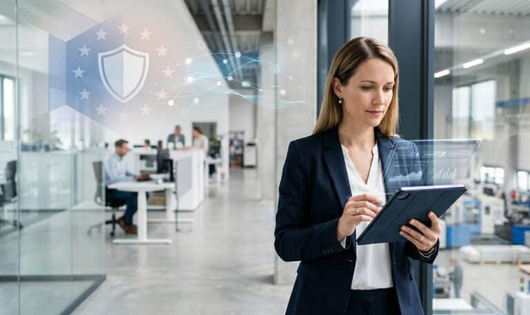 EU AI Act Mittelstand: Fachkraft mit Tablet, EU-Regulierung und KI-Datenfluss als Symbol für rechtssichere Prozesse.