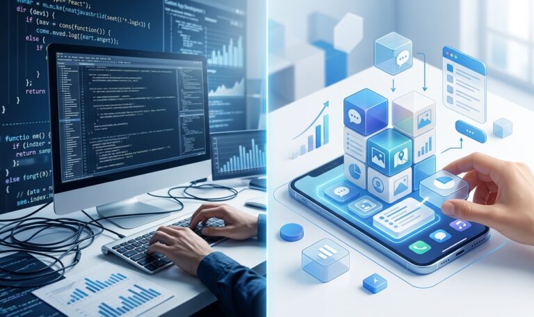 App-Plattform vs. App-Entwicklung: Gegenüberstellung von Individualprogrammierung und modularer Plattform für mobile Apps.