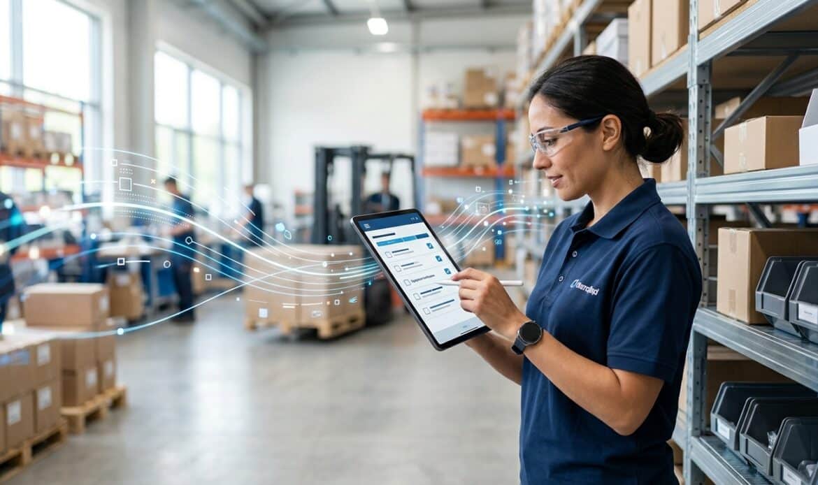 Digitale Formulare und Checklisten: Mitarbeiter erfasst Daten mobil am Einsatzort mit Tablet.