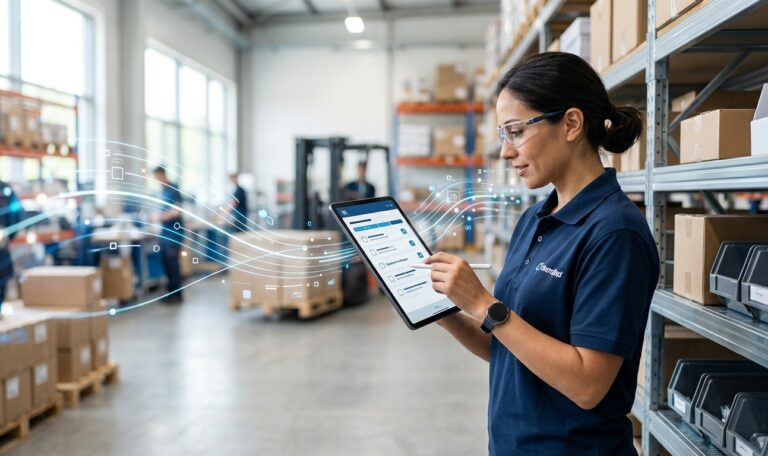 Digitale Formulare und Checklisten: Mitarbeiter erfasst Daten mobil am Einsatzort mit Tablet.