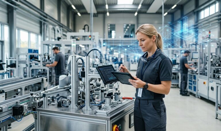 KI-Agenten Mittelstand: Fachkraft erfasst am Einsatzort Daten per Tablet als Grundlage für KI-Automatisierung.