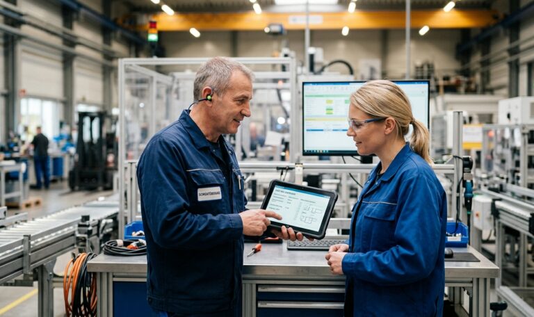 Digitale Schichtübergabe: Zwei Mitarbeitende übergeben am Schichtwechsel strukturiert per Tablet in der Produktion.