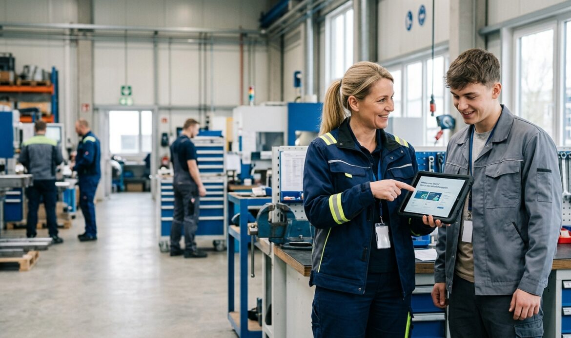 Einarbeitung neuer Mitarbeitender: Erfahrene Kollegin begleitet neuen Mitarbeiter per Tablet in der Werkstatt.