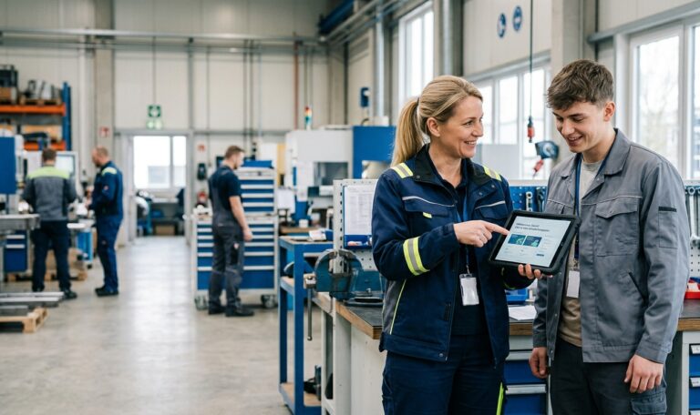 Einarbeitung neuer Mitarbeitender: Erfahrene Kollegin begleitet neuen Mitarbeiter per Tablet in der Werkstatt.