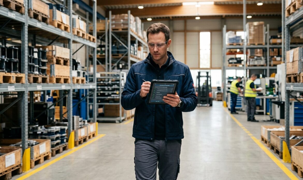 Audits und Begehungen: Fachkraft dokumentiert eine Begehung digital per Tablet und Checkliste in der Produktion.