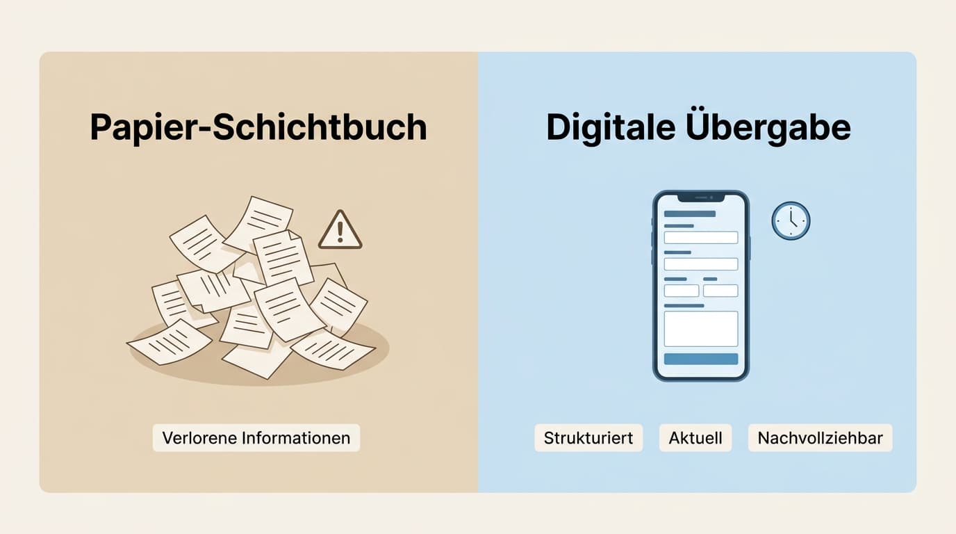 Schaubild digitale Schichtübergabe: Vergleich von losem Papier-Schichtbuch und strukturierter, nachvollziehbarer digitaler Übergabe.
