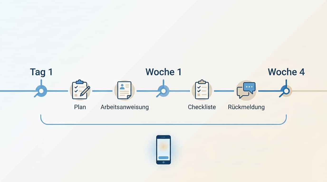 Schaubild Einarbeitung neuer Mitarbeitender: Pfad von Tag 1 bis Woche 4 mit Plan, Arbeitsanweisung, Checkliste und Rückmeldung.