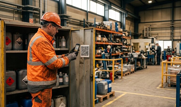 Industriearbeiter scannt mit dem Smartphone einen QR-Code an einem Gefahrstoffschrank.