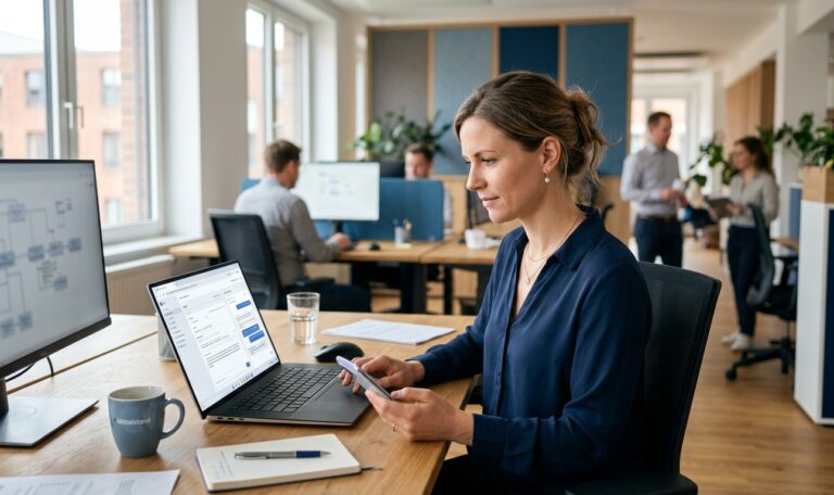 Mitarbeiterin nutzt im Büro ein KI-Tool am Laptop und Smartphone – Symbol für Schatten-KI im Unternehmen.
