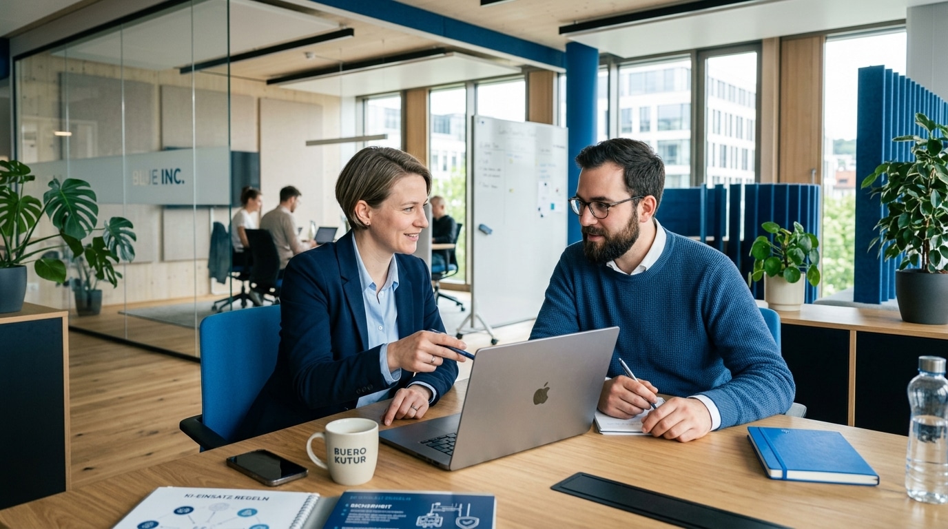 Zwei Kolleginnen besprechen am Laptop Regeln für den sicheren Einsatz von KI-Tools.