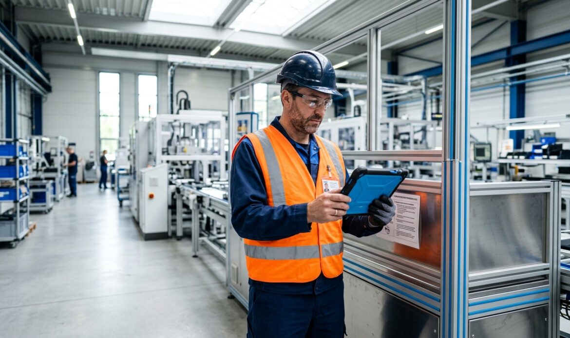 Produktionsmitarbeiter mit Warnweste liest eine Sicherheitsunterweisung auf dem Tablet.