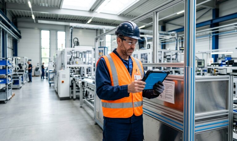 Produktionsmitarbeiter mit Warnweste liest eine Sicherheitsunterweisung auf dem Tablet.
