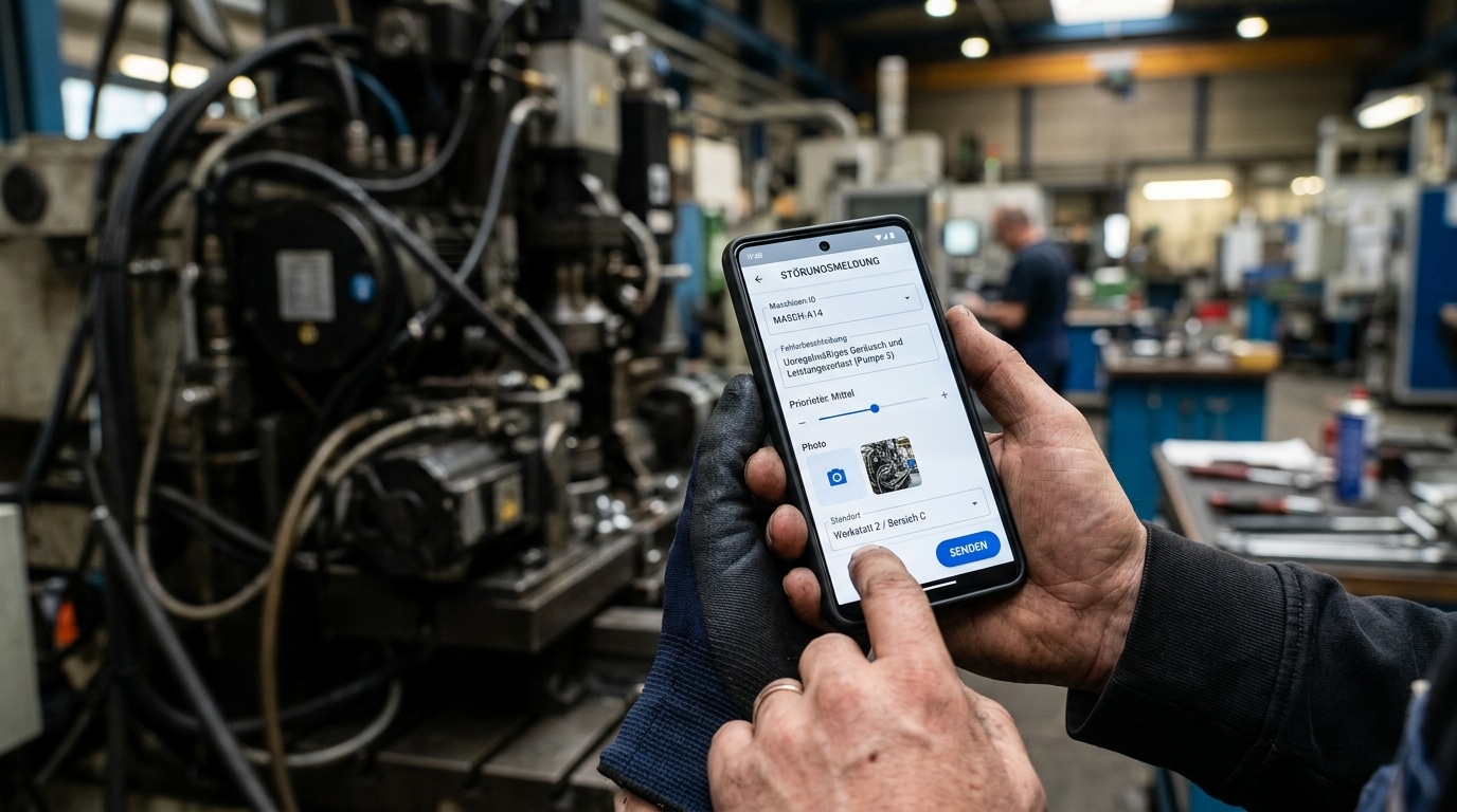 Hand hält Smartphone mit einer App zur Störungsmeldung vor einer Industriemaschine.