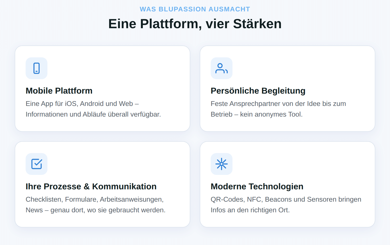 Blupassion: Mobile Plattform, persönliche Begleitung, Prozesse & Kommunikation, moderne Technologien.