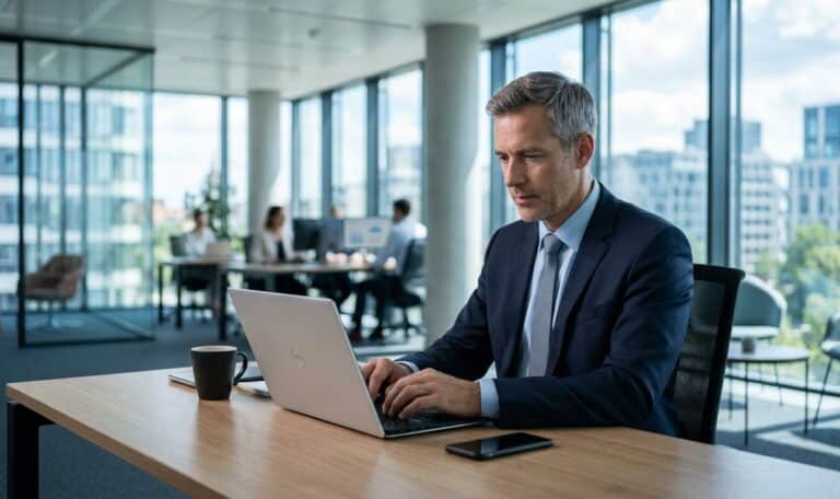 Businessperson arbeitet konzentriert am Laptop in einem modernen Büro.