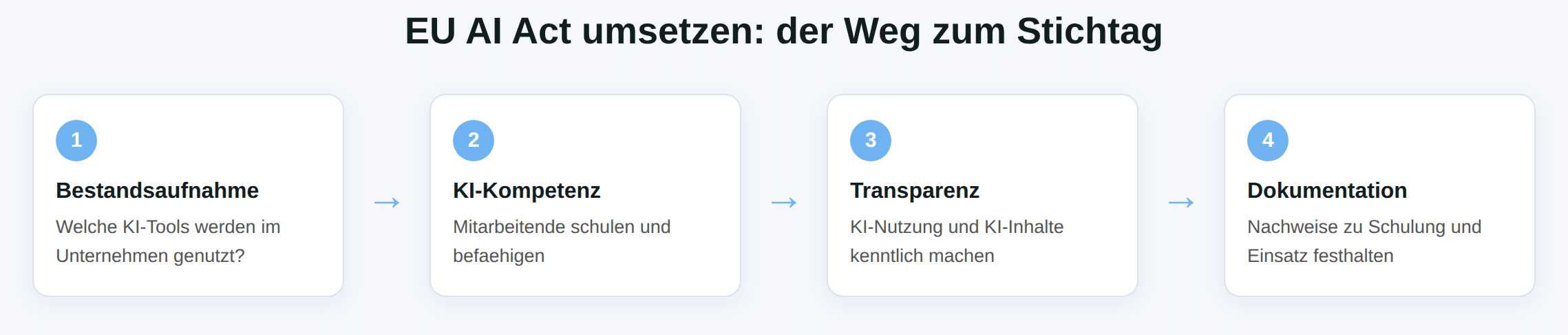 Schaubild zum EU AI Act: Bestandsaufnahme, KI-Kompetenz, Transparenz und Dokumentation als vier Schritte.