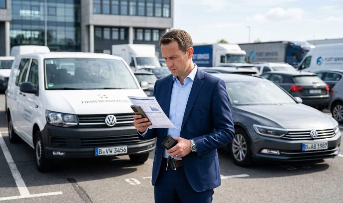 Fuhrparkverantwortlicher prüft mit dem Smartphone neben Firmenfahrzeugen ein Dokument.