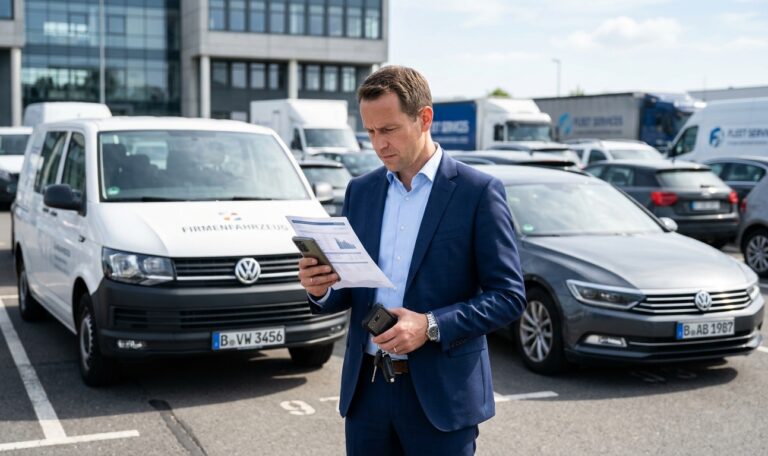 Fuhrparkverantwortlicher prüft mit dem Smartphone neben Firmenfahrzeugen ein Dokument.