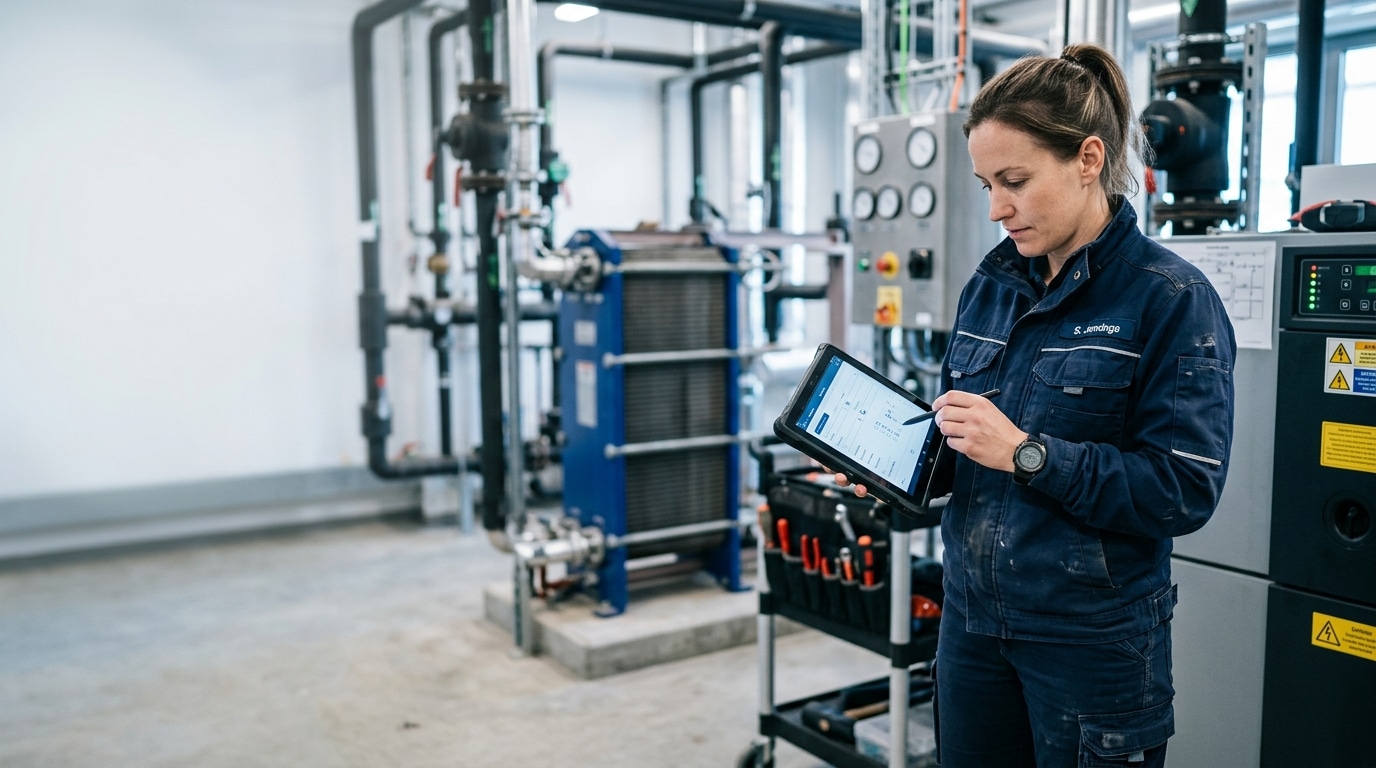 Servicetechniker erfasst Servicebericht mobil auf dem Tablet beim Kunden vor Ort