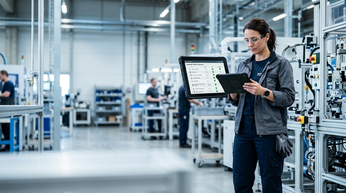 Mitarbeiter ruft digitale Arbeitsanweisung auf dem Smartphone in der Produktion ab