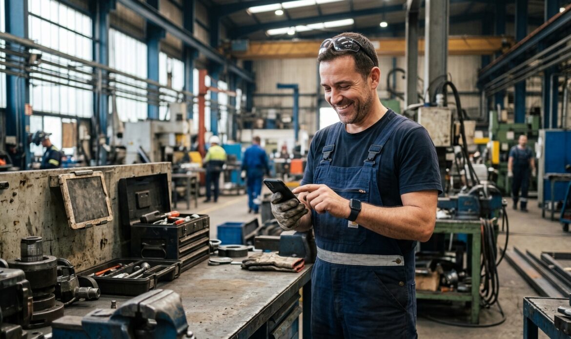 Lächelnder Werkstattmitarbeiter gibt einen Vorschlag in ein Smartphone ein.