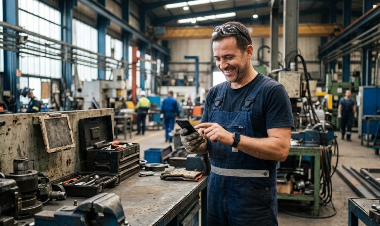 Lächelnder Werkstattmitarbeiter gibt einen Vorschlag in ein Smartphone ein.