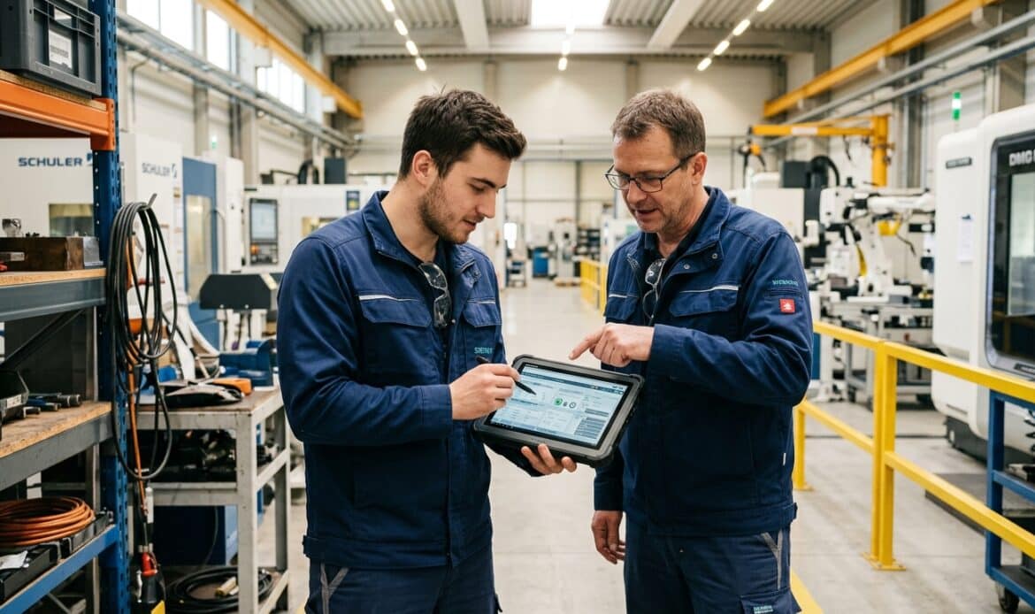 Zwei Fachkräfte in einer Produktionshalle arbeiten gemeinsam mit einem Tablet an einem digitalen Prozess.
