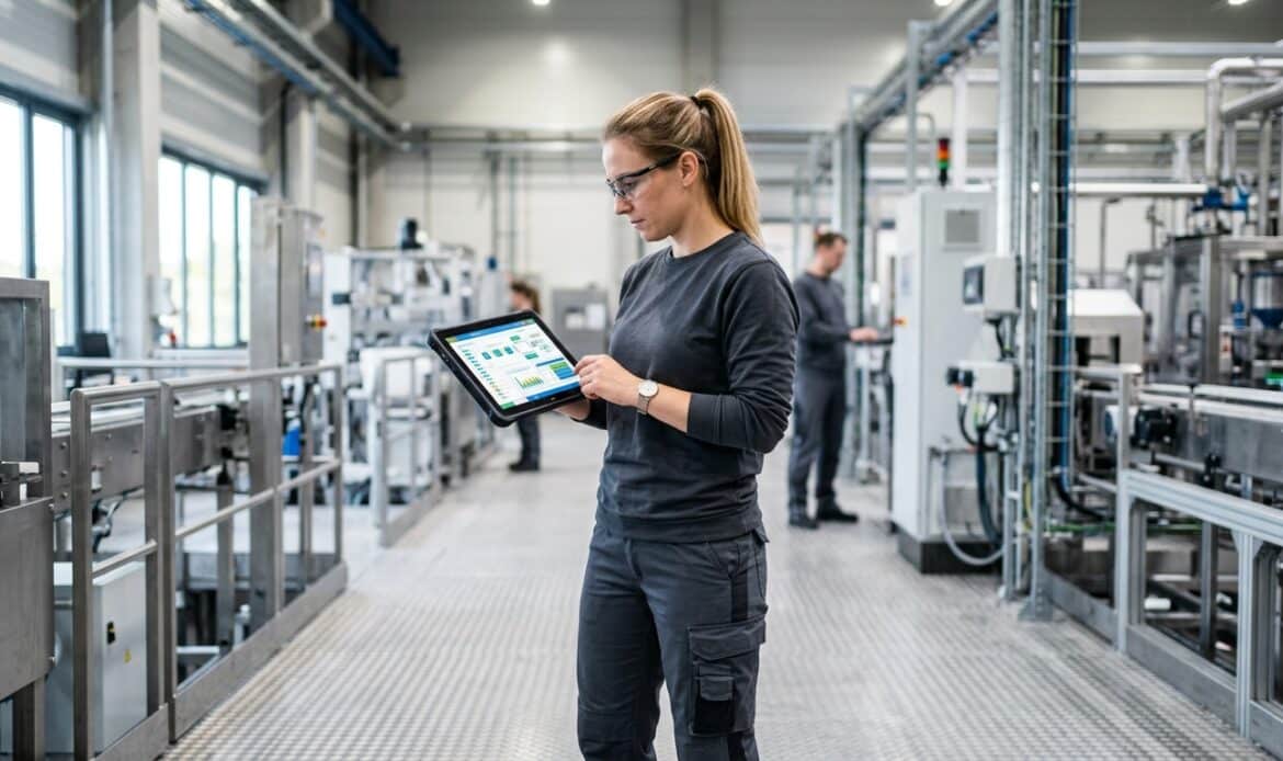 Fachkraft in einer Produktionshalle nutzt ein Tablet für einen digitalen Prozess.