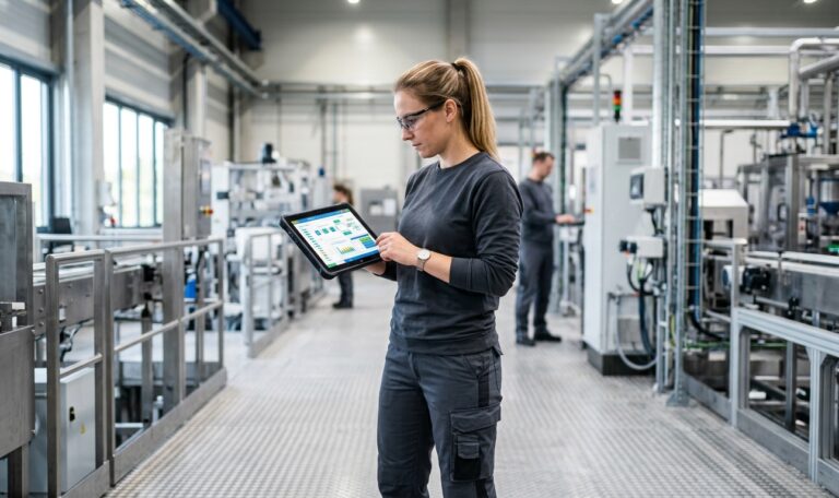 Fachkraft in einer Produktionshalle nutzt ein Tablet für einen digitalen Prozess.