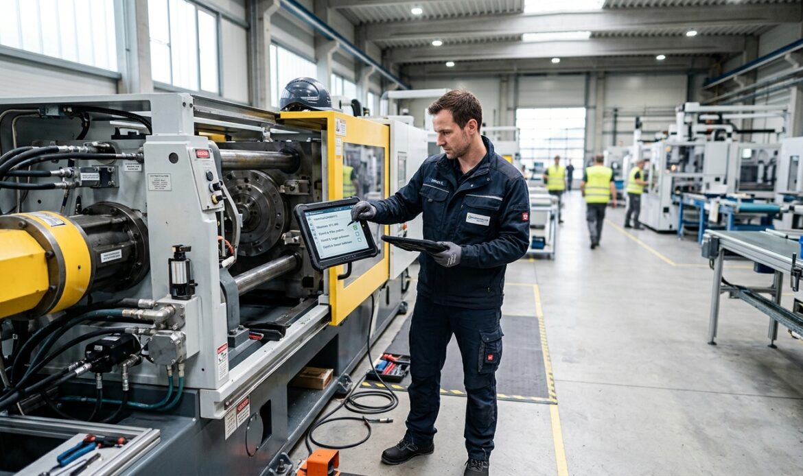 Instandhaltungstechniker wartet eine Industriemaschine und hakt die Schritte auf einem Tablet ab.