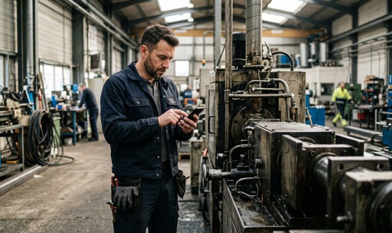 Techniker schaut an einer Maschine eine Information auf dem Smartphone nach.
