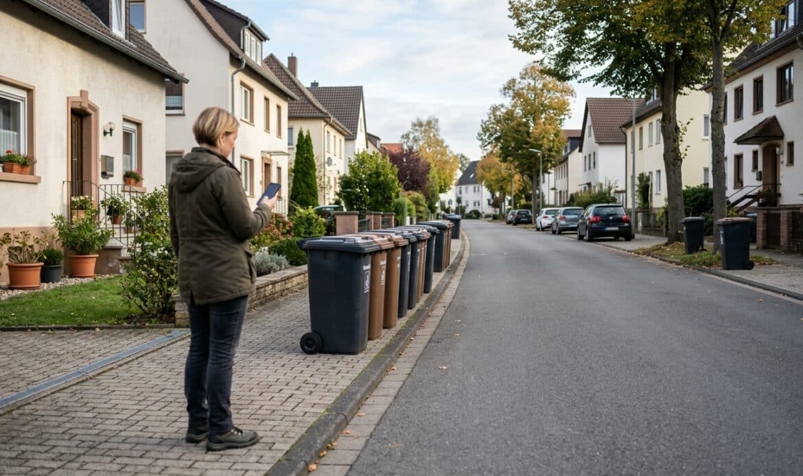 Bewohnerin prüft am Smartphone die Leerungstermine an der Straße – Abfallkalender per App.