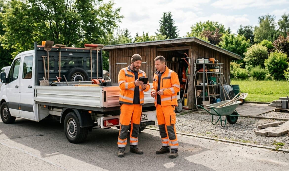 Zwei Bauhofmitarbeiter in Warnkleidung besprechen am Pritschenfahrzeug einen Auftrag am Smartphone – Bauhof per App.